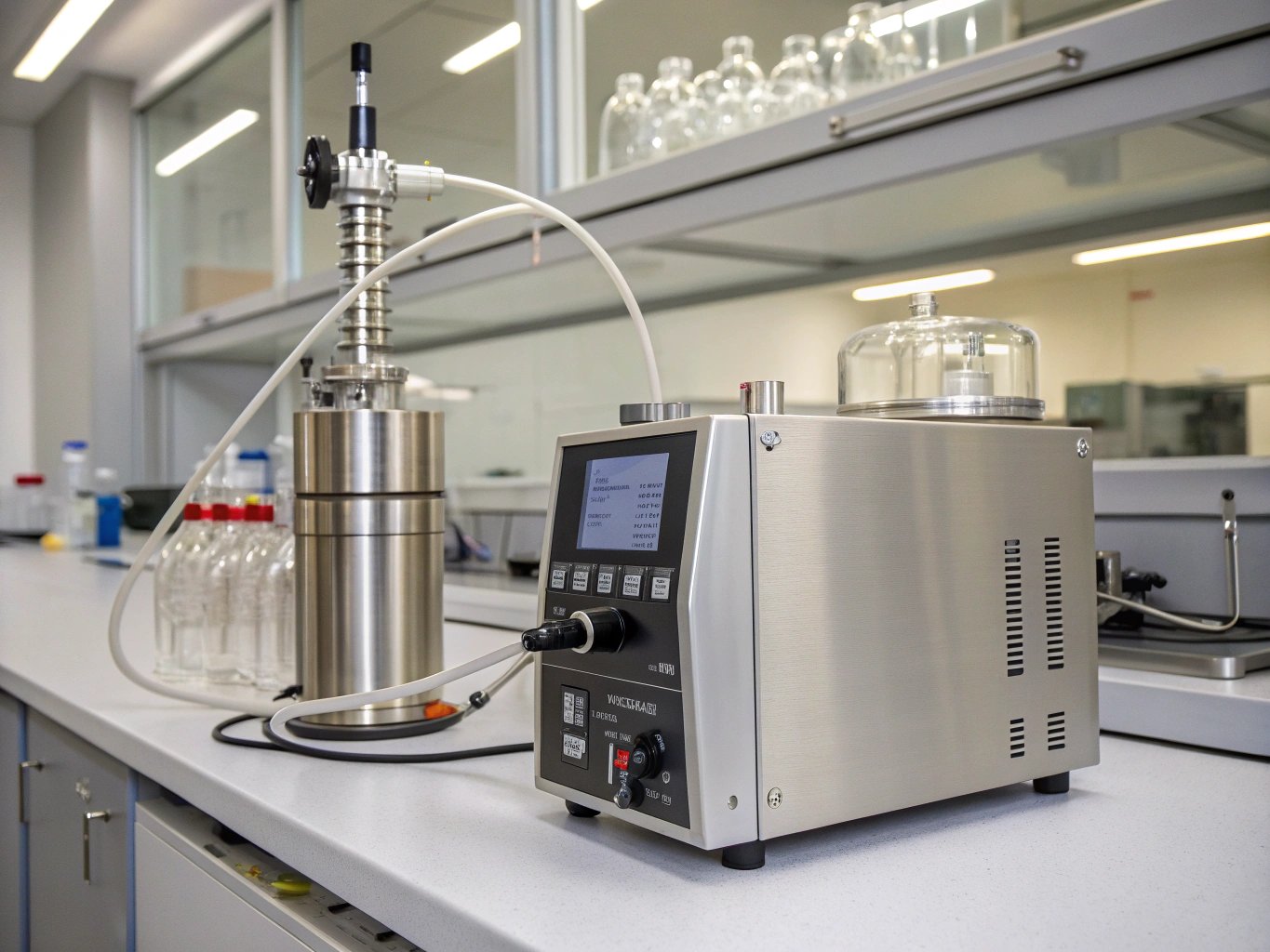 Analytical HPLC testing unit and borosilicate peptide synthesis vessels in a sterile cleanroom